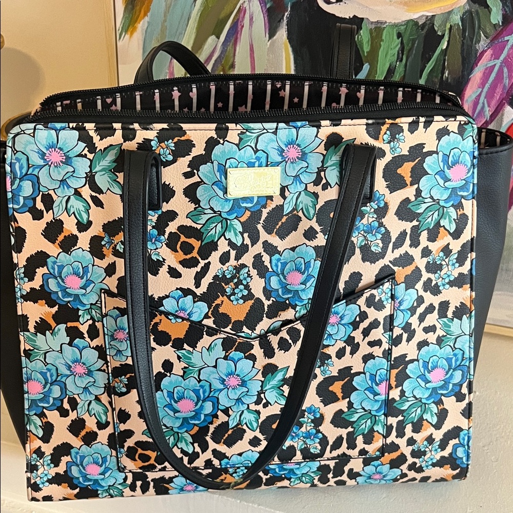 Betsey Johnson Blue Floral and Leopard Print Tote Bag